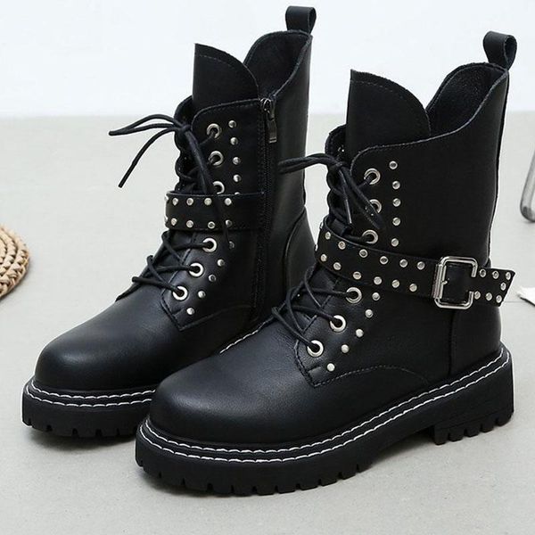 

boots women motorcycle black gothic personality hasp metal decoration 2021 lace-up pu short female shoes1