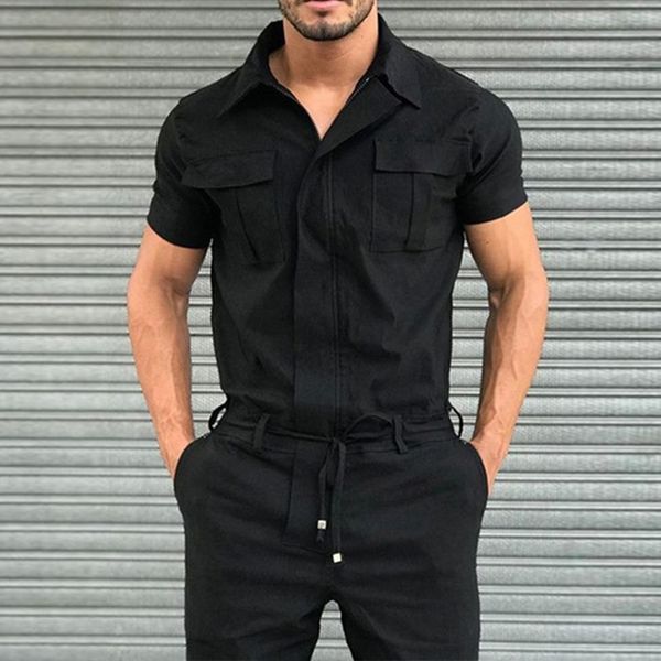 

2020 cargo jumpsuit mens onepiece overalls casual notched short sleeve rompers solid color pocket fashion work wear streetwear, Black