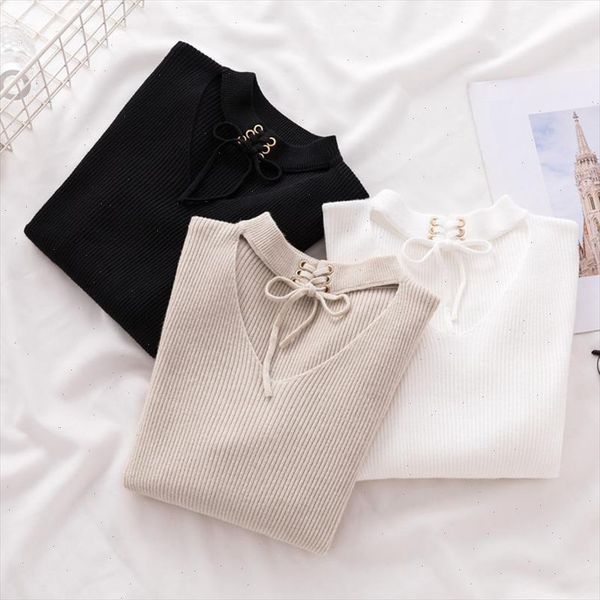 

lace up crop casual women sweater autumn winter knitted pullovers long sleeve v neck slim jumper bandage sweater, White;black