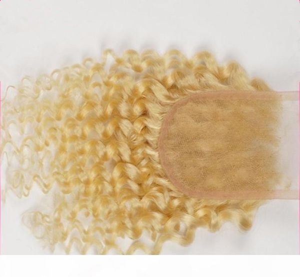 

brazilian blonde 4x4 lace closure bleached knots with baby hair kinky curly #613 pure color brazilian human hair lace frontal closures, Black;brown