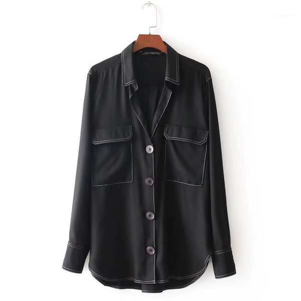 

women vintage retro white color line contrast black shirt blouse double pocket loose business femininas blusa casual ls18301