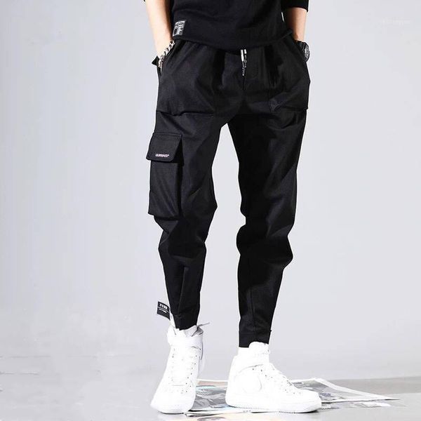 

side pockets pencil pants streetwear joggers man casaul long cargo pants fashion men sportswear harem hip hop men1, Black