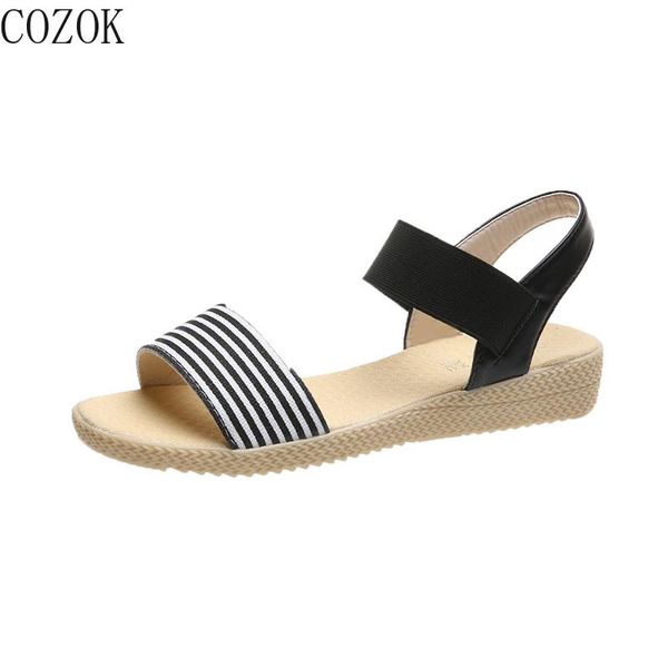 

summer women's sandals casual fashion vamp stripe applique wild outdoor women's shoes 2021 simple temperament sandals, Black