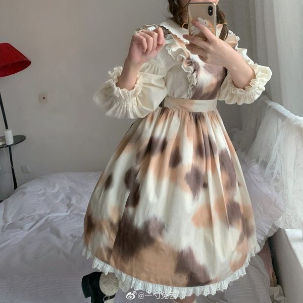 

2021 new japanese floral women kawaii ruffles printing knee length strap lolita dress party club new fall aqup, Black;gray