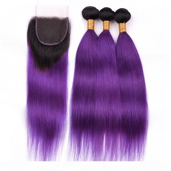

#1b purple ombre malaysian hair 3bundles with closure 4pcs lot black roots ombre purple human hair weave wefts with 4x4 lace closure, Black;brown