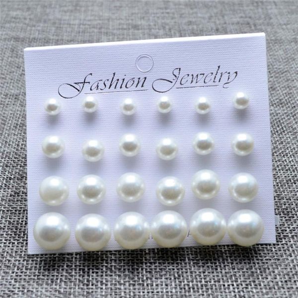 

fashion 12 pairs/set white simulated pearl stud earrings set for women jewelry accessories piercing ball earrings gifts, Golden;silver
