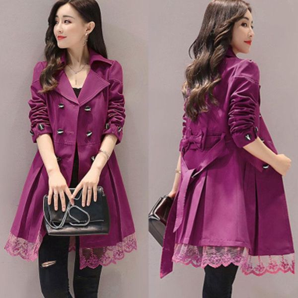 

black red pink trench coat for women plus size korean clothes double breasted button windbreaker lace duster women fall 2019, Tan;black