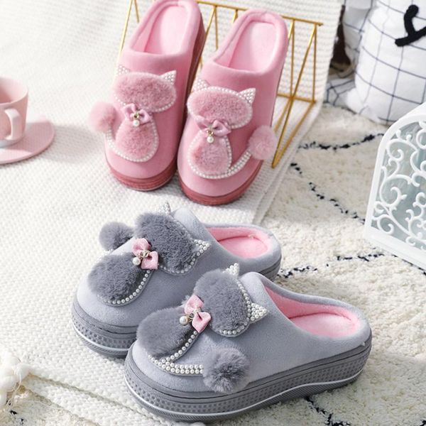 

women winter warm plush slippers ladies indoor home cotton cute cat female flat shoes shollow thick heels round toe, Black