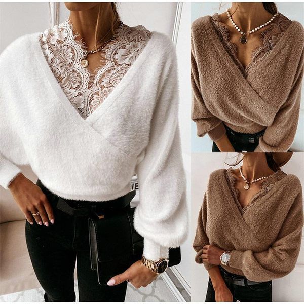 

uvrcos flannel lace hollowed deep v-neck women sweater long sleeve elegant solid ladies pullover casual spring autumn female, White;black