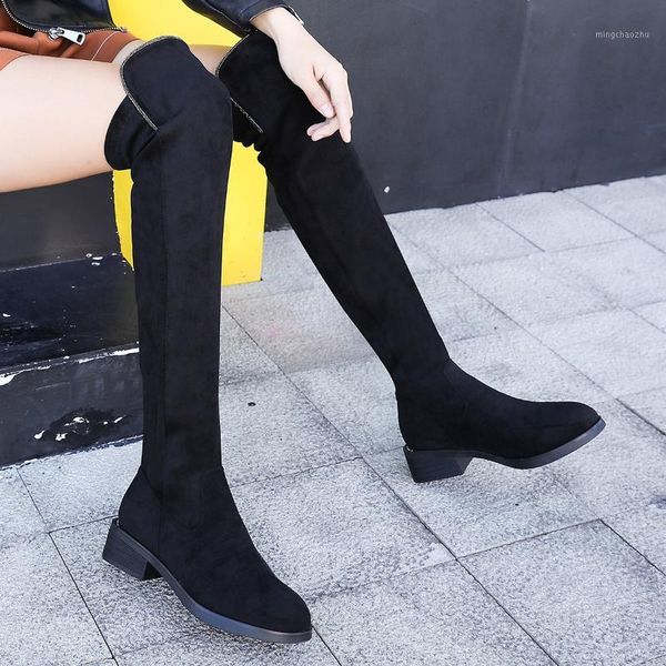 

boots 2021 autumn/winter over-the-knee elastic european/american mid-heel rider thick heel velvet retro women's1, Black