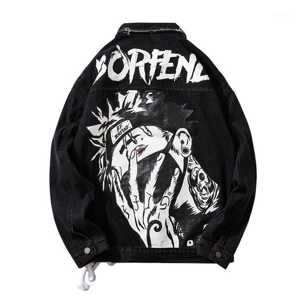 

2019 autumn new denim jacket male tide brand naruto print hip hop casual loose coats men1, Black;brown