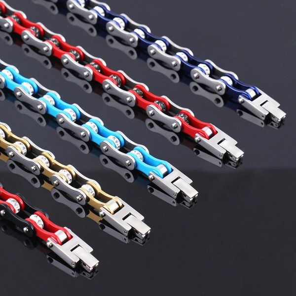 

12mm new fashion womens men stainless steel motorcycle chain bracelet biker bicycle red crystal bracelet multi-color selection, Black