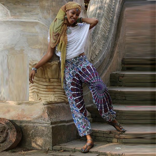 

yoga outfits 2021 ladies bohemian harlan loose travel leisure long pants comfy harem trousers printed 5.24, White;red