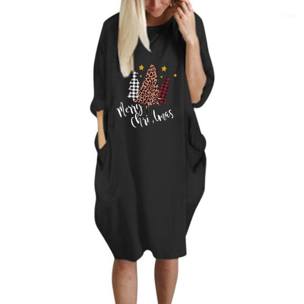 

autumn print women dresses large size pockets clothing straight round collar loose casual ladies dress christmas1, Black;gray