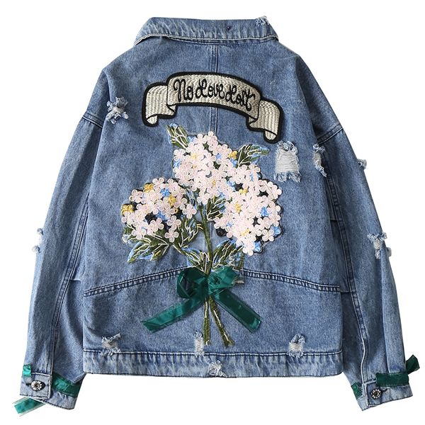 

zqlz autumn women denim jacket bomber appliques vintage elegant outwear autumn hole female jacket coat casual jeans 201106, Black;brown