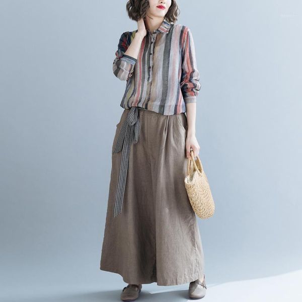 

ewq] 2020 spring summer new pattern lapel long sleeve striped shirt and adjustable waist pant women two set ak99002xl1, White