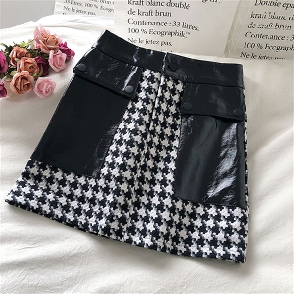 

2021 new contrasting color houndstooth and leather high-waist skirt female 2021 early spring korean frfr, Black