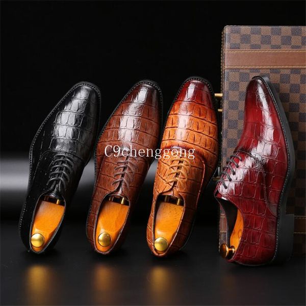 

2020 new men shoes men oxford shoes serpentine men leather business casual flats lace up brogue shoes fashion, Black