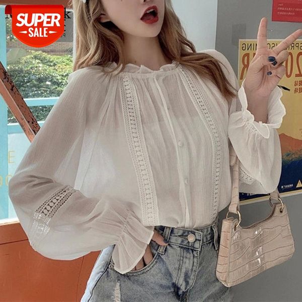 

autumn vintage plus size white blouse women 2021 fashion o-neck cardigan long sleeve shirt women casual loose women's 11336 #ed2o
