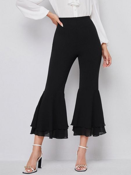 

elastic waist flare leg crop pants v9i4#, Black;white