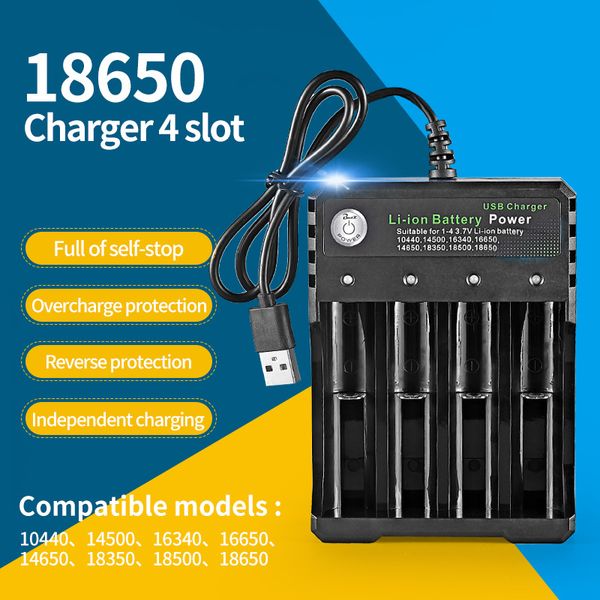 Caricabatterie 18650 Caricabatterie a 4 slot Ricarica USB indipendente all'ingrosso per batteria ricaricabile agli ioni di litio riutilizzabile con pacchetto di vendita al dettaglio