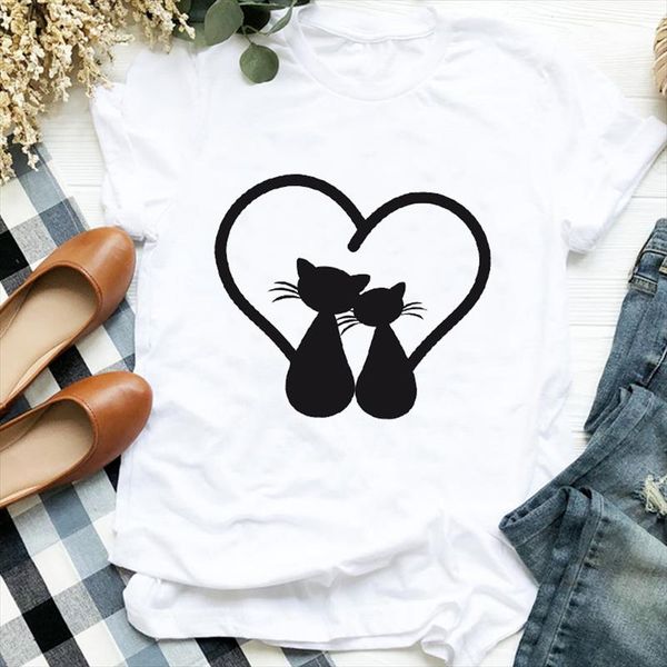 

women lady cartoon cat love valentine couple trend fashion print tshirt shirt clothes graphic female t tee womens t shirt, White