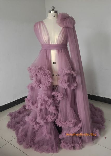 

purple pgraphy dress see thru prom dresses with puff full sleeves prom gowns ruffles tiered pregnant woman long robe 2021, White