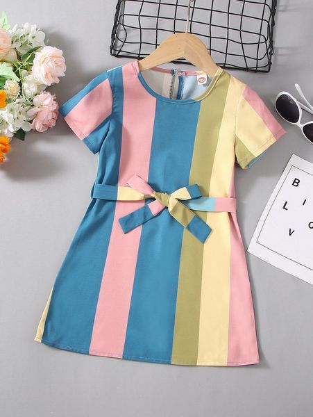 

toddler girls colorful striped belted dress she, Red;yellow