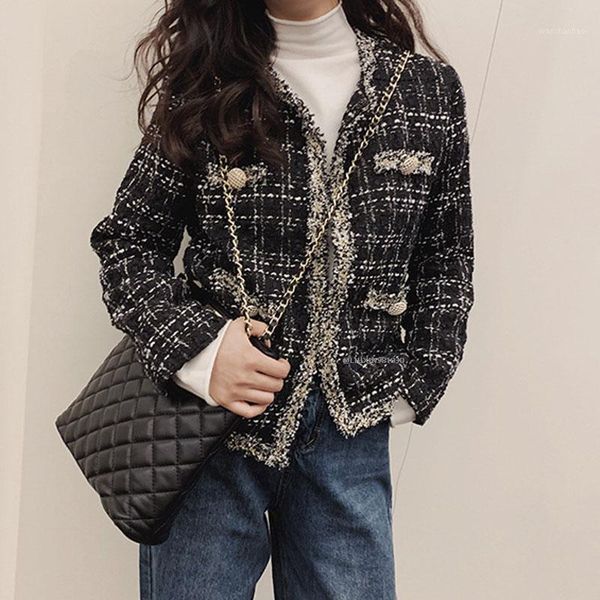 

spring 2021 new women houndstooth suit coat round neck tweed material long sleeve button coat autumn tassel jacket design qt561, Black;brown