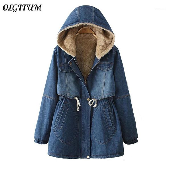 

2019 denim thick jacket casual thicken warm parka drawstring belt hooded denim cotton coat women outwear1, Black