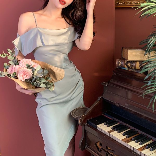 

2021 new green fairy light super slash neck irregular fold tightly spangled solid spaghetti high street dress hgid, Black;gray