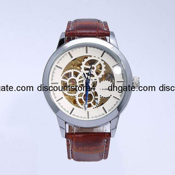 

t-goer men's watch strap fully automatic hollowed double faced tiktok business mechanical watch vibrato, Slivery;brown