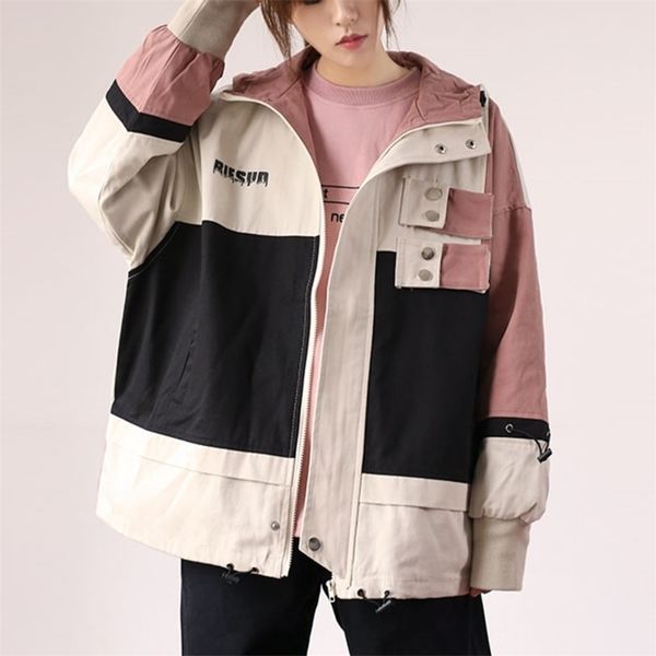 

cotton jacket female bomber coat autumn winter loose pink jackets jaqueta hooded vintage women long sleeve zipper coat 201031, Tan;black