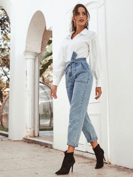 

high waisted pocket patched tie front mom jeans p5eq#, Blue