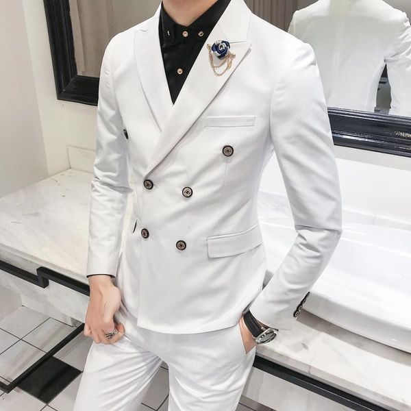 

3 piece set / men's double-breasted solid color slim suit, fashion business casual solid color blazer, wedding banquet dress set1, White;black