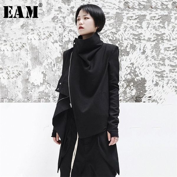 

[eam] 2021 new spring stand collar long sleeve black zipper split joint irregular jacket women coat fashion tide ji102 201210, Black;brown