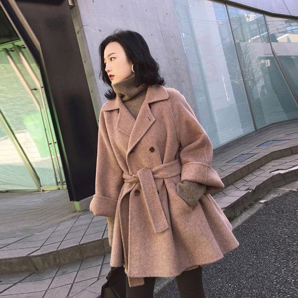 

winter 2021 popular belt double cashmere coat women's middle and long high sense fairy versatile woolen coat fashion, Black
