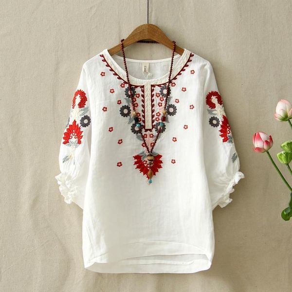 

ethnic vintage white floral embroidered blouses for women loose half lantern sleeve shirt women cotton linen casual blusas