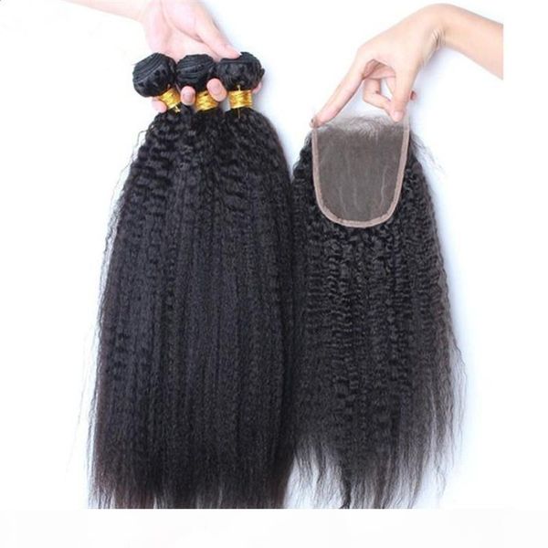 

kinky straight brazilian virgin human hair 3bundles with closure 4pcs lot italian coarse yaki virgin hair weaves with 4x4 lace front closure, Black;brown