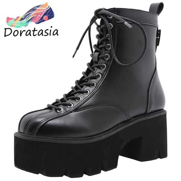 

brand new chic chunky heels skidproof thick platform cross-tied shoelaces motorcycles booties ankle shoes boots women, Black