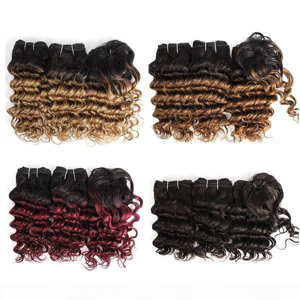 

ombre human hair weaves indian deep wave curly hair bundles 8-10 inch 3pcs set blonde red wine human hair extensions 166g set, Black;brown
