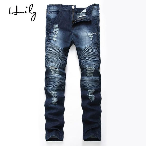

hmily men's vintage holes patch slim skinny ripped jeans casual trendy painted distressed denim beggar male brand pants, Blue