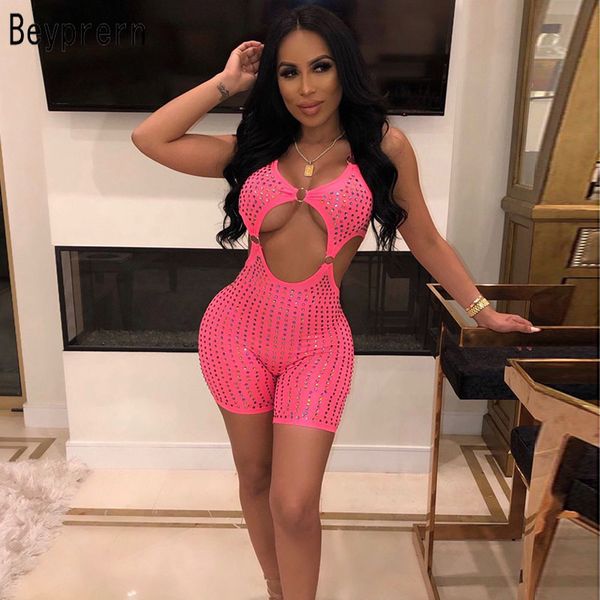 Beyprern Belle Cristal Clouté Romper Sexy Cut Out Strass Boucle Courte Combinaison Ajustée Body Occasion Spéciale Tenues T200704