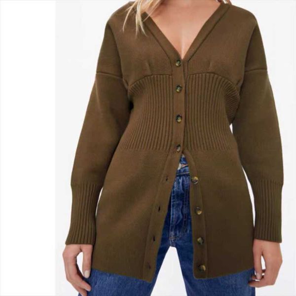 

traf women 2021 fashion ribbed decorative buttoned knitted cardigan sweater vintage long sleeve female outerwear streetwear, White