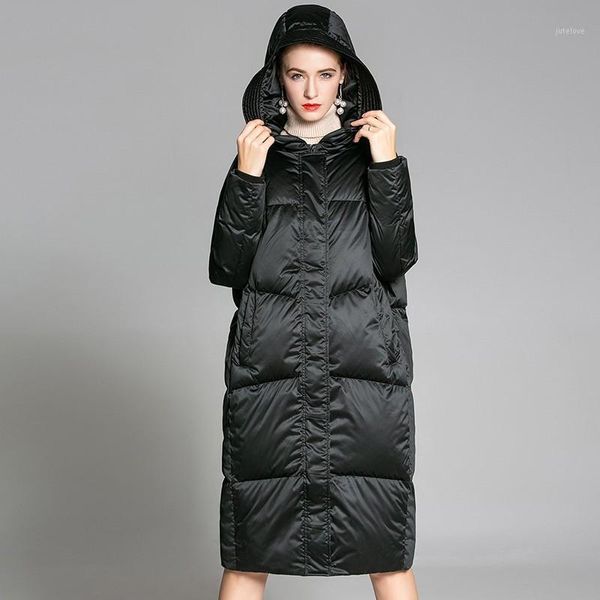 

black hooded loose fashion 90% white duck jacket long winter jacket women plus size feather overcoat doudoune femme hiver ls2201