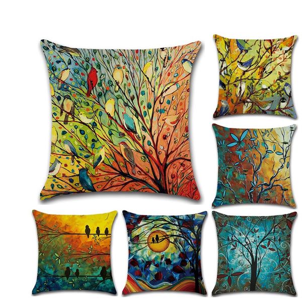 

45x45cm hundred birds forest oil painting cushion cover plant flower pillow case home decorative pillows cover for sofa car