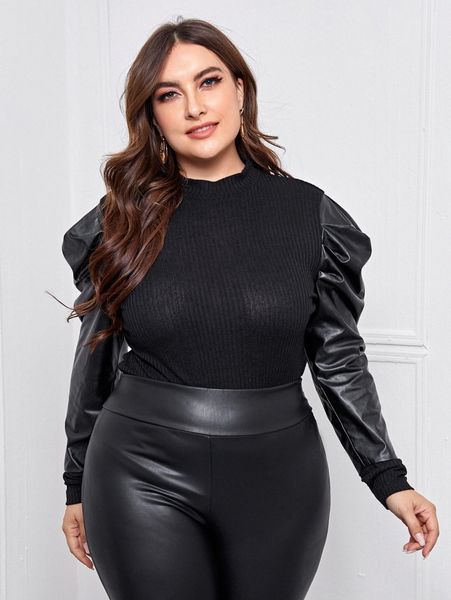 

plus pu puff sleeve rib-knit t8yf#, Black