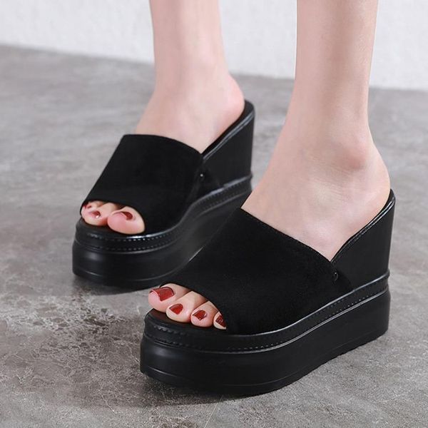 

women's genuine leather shoes low house slippers platform heeled mules on a wedge pantofle slides increased internal summer1, Black