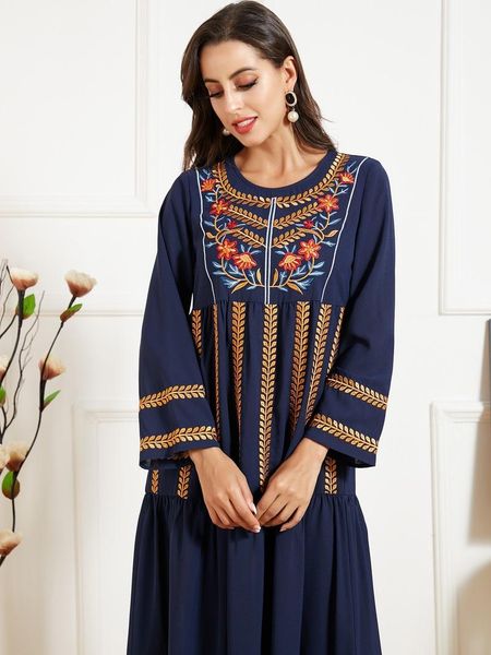 

elegant ethnic embroidery maxi dress for women fall 2020 navy blue plus size long sleeve arabic muslim turkey clothes, Black;gray
