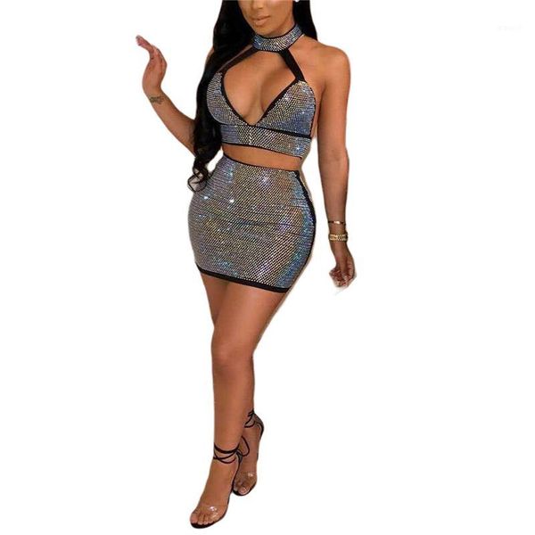 

women summer rhinestone suit clubwear backless solid color clothing suits ladies bodycon two-piece streetwear outfits1, Gray